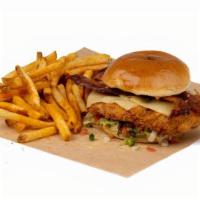 Fried Chicken Ranch Sandwich · Comes with a side of fries. Swap those out for sweet potato fries or 3 cheese mac n' cheese.