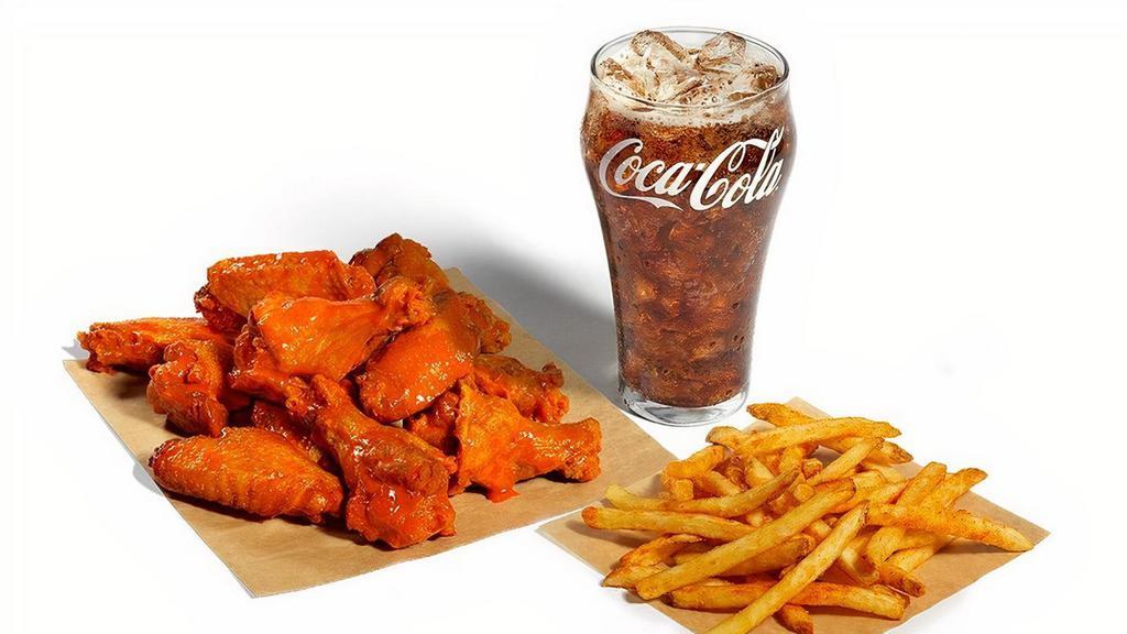 12 Wing Combo · 12 wings, fries, and a cold drink. Swap fries for sweet potato fries or mac n' cheese (live a little).