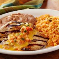 Mirasol Especial · Seasoned grilled chicken breast covered with queso, and topped with pico de gallo. Served wi...