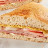 Ham & Cheese Melt · Black Forest ham, Swiss, mayo , spicy brown mustard, and tomato on toasted ciabatta.
