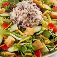Harvest Chicken Salad (Contains Pecans) · Our Garden Salad with a scoop of Harvest Chicken Salad. *This product contains pecans.*
