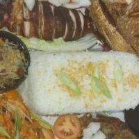 Seafood Platter · Grilled Squid, Fried Tilapia, Garlic Shrimp,Lumpia Togue, Bowl of soup, & Bowl of rice