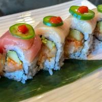 Kentucky Roll · Hot and spicy. Yellowtail mix rolled with cucumber, avocado, topped with yellowtail, jalapen...