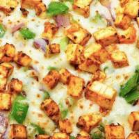 Small Paneer Cheese Pizza (Spicy) · Spicy Indian red sauce, seasoned paneer cheese, bell peppers, onion, and mozzarella cheese.