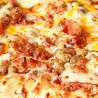 Medium Meat & Cheese Deluxe · Canadian Bacon, Sausage, Beef, Pepperoni, Bacon, Mozzarella, and Cheddar Cheese