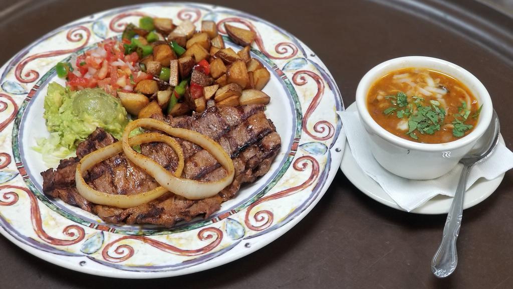 Carne Asada · Grilled flank steak topped with grilled onions. Served with Mexican potato, charro beans, guacamole and pico de gallo.
