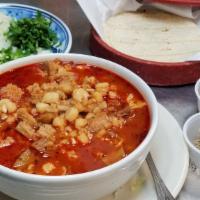 Menudo · Traditional Mexican red menudo made with beef stripe. Served with a side of fresh jalapeños,...