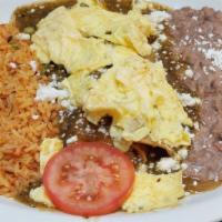 Enchiladas & Eggs · Two chicken, beef or cheese enchiladas topped with your choice of eggs. Served with Mexican ...