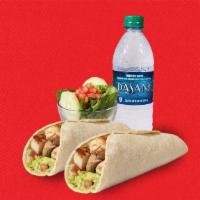 Combo 6 · Two chicken fajitas tacos with guacamole, regular side, and large drink.