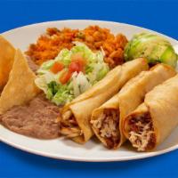 Chicken Flautas (3) · These three deep-fried rolled corn tortillas come filled with chicken guisada, garnished wit...