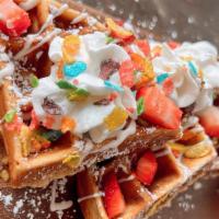 Fruity Pebbles · Strawberries, signature icing drizzle, fruity pebbles, whip cream.