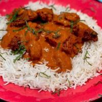 Butter Chicken Curry · Creamy tomato and yogurt curry sauce with seasoned roasted chicken. All curries come with ba...