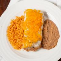 Gigante Burrito · Giant burrito filled with beef or chicken topped with your choice of chili con carne or chil...