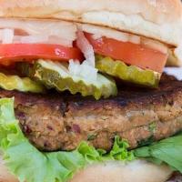 Veggie Burger · Red bean & mushrooms patty, lettuce, tomato, onions, pickles, mayo