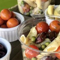 Greek Pasta Salad · organic penne pasta, cherry tomatoes, artichoke hearts, kalamata olives, green peas with bas...