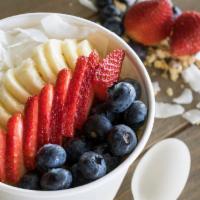 Organic Acai Bowl · Top: granola - gluten free, banana, blueberries, strawberries, coconut flakes. Bottom: acai ...