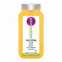 Sun King · Orange juice, ginger, lemon, oil of oregano, and cayenne. Spicy and good for the metabolism.