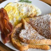 French Toast Platter* (V) · Choice of Pederson's all-natural bacon, sausage or fresh fruit; French toast, two eggs.