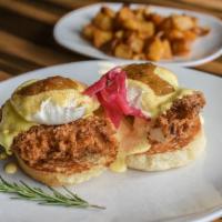 Crispy Chicken Benedict* · Fried all-natural chicken breast, poached eggs, citrus-marinated onions, Hollandaise, green ...