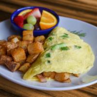 Baked Potato Omelet (Gf) · Pederson's all-natural bacon, green onion, cheddar-jack cheese, sour cream, home fries.
