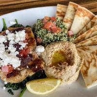 Greek Chicken · Grilled all natural chicken breast, sautéed spinach, diced tomato, Kalamata olives, feta che...
