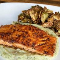 Pan Seared Salmon* (Gf) · Sustainably raised salmon seared with house spice. Served with tamarind glazed Brussels & ba...