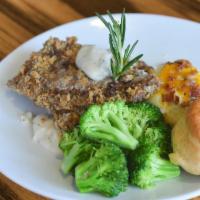 Chicken Fried Steak · Fried all-natural wagyu steak, bacon-cheddar mashed potatoes, broccoli, home-style biscuit, ...