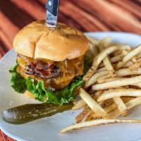Half Pound All-Natural Bacon Cheeseburger · All-natural wagyu beef, cheddar cheese, Pederson's bacon, Russian sauce, lettuce, tomato, on...