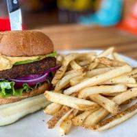 Veggie Burger (Vg) · Dr. Praeger’s veggie burger with lettuce, tomato, cucumber, onion & our homemade burger sauc...