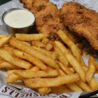 Hand Breaded Chicken Tenders · Hand breaded chicken tenders and fries. Served with your choice of homestyle gravy, ranch or...