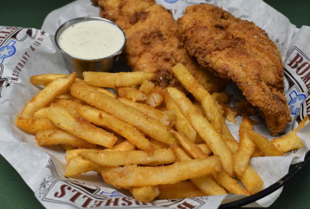 Hand Breaded Chicken Tenders · Hand breaded chicken tenders and fries. Served with your choice of homestyle gravy, ranch or honey mustard.