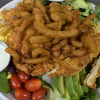 The Bombshell · BBQ ranch chicken salad lettuce, tomatoes, corn,black beans and fresh cucumbers with our BBQ...