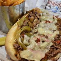 Sherman'S Cheesesteak · Thinly sliced beef piled high on a hoagie roll with pepper, onion and melted Swiss cheese.
