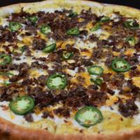 Jalapeno Bacon Cheeseburger Pizza · Not you traditional pizza, Olive oil and mustard as your dressing. Covered with mozzarella c...