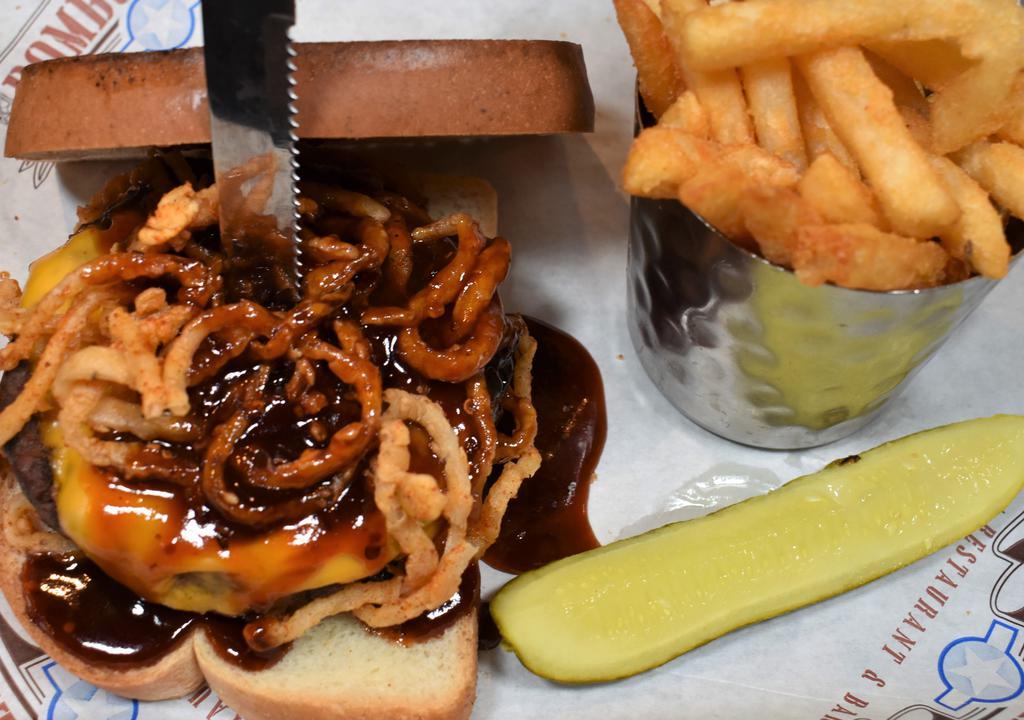 The Gunner Burger · Served on texas toast, topped with onion tanglers and sweet n spicy BBQ sauce.