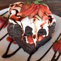 Bombshells Brownie · DOUBLE STACKED HOMEMADE BROWNIES FILLED WITH SWEET CINNAMON CREAM CHEESE, FRESH STRAWBERRIES...