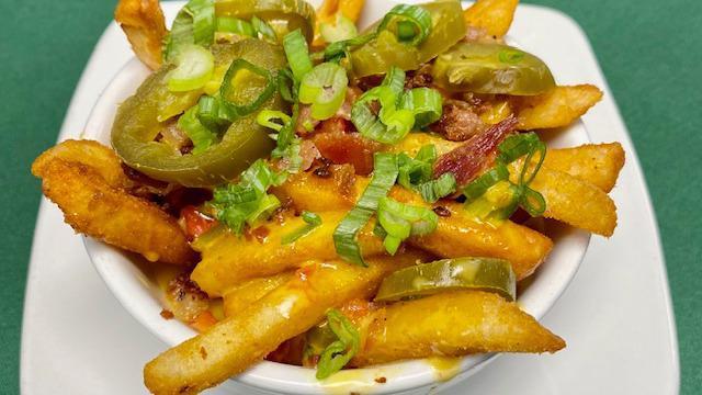 Side Cheese Fries · Fries with cheese bacon, jalapenos and chives.