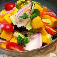 Cucumber & Mango Salad · Seasonal. Slivers of cucumbers, mango, tomatoes, red onions, scallion and cilantro with plum...