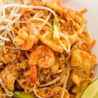 Pad Thai · The most popular Thai noodle dishes, stir fried rice noodles with tamarind sauce, egg, crush...
