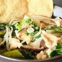Chicken Noodle Soup · Chicken, rice noodles, baby bok choy, bean sprouts,garlic, scallion, and cilantro
