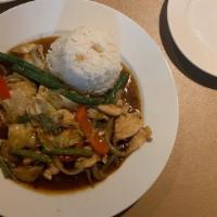 Pad Garlic · Garlic sauteed with your choice of meat, onions, broccoli, cabbage, and carrots. Served with...