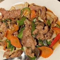 Pad Basil · Basil stir-fried with your choice of meat, onions, red bell peppers, green bell peppers, sno...
