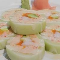 Snow Crab Naruto · Cucumber  rolled with snow crab, avocado,
 fish egg served w/ honey wasabi