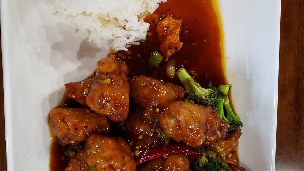 Tangy Orange · Spicy. Your choice of protein is lightly battered and deep-fried, tossed with garlic, onion broccoli, and orange peels in spicy sweet and tangy brown sauce.