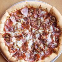 Meateater Pizza · Mozzarella, smoked ham, pepperoni, Italian sausage, crispy bacon, smoked provolone, and oreg...