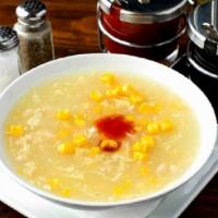 Chicken Corn Soup · Chicken broth combined with corn and egg, and seasoned with black pepper.