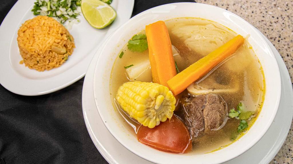 Caldo De Res · Choice of corn or flour tortilla. Mexican beef soup made with a flavorful beef broth and filled with lots of vegetables. (Served with handmade tortillas and a side of Rice).