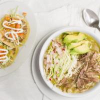 Pozole · Served only on Thursday. Choice of red or white pozole. Made with Pork and Hominy.