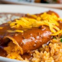 Mama'S Favorite Enchilada Dinner · Spicy beef with chili con carne, cheese and onion with chili con carne, spinach with sour cr...