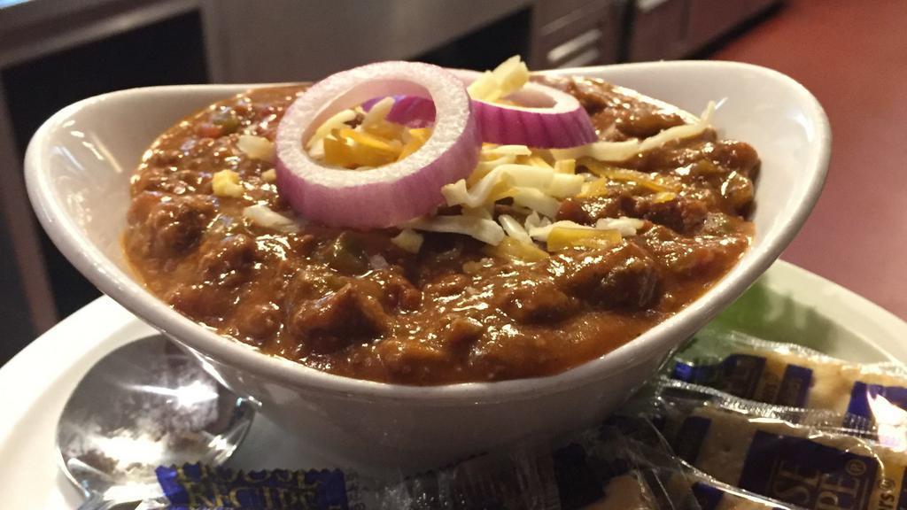 Bowl Of Tworows Award Winning Chili Bowl · Served with crackers, cheese and diced red onions